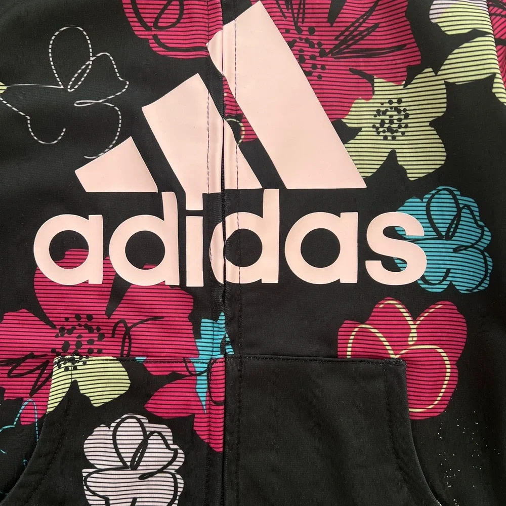 Size 5 Kids Adidas Black Jacket with Multicolor Floral Design - Picture 2 of 8